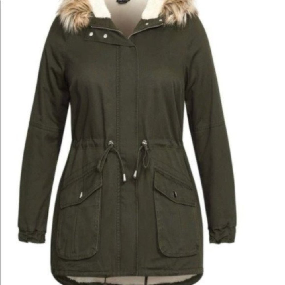 City Chic Army Green Faux Fur Hooded Parka NWT